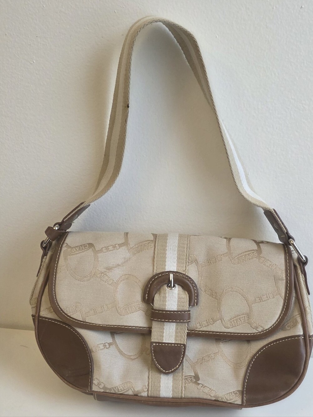 Beige and Brown Chaps Canvas And Leather Shoulder Bag with Buckle